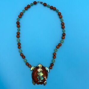 Sea Turtle Pendant Necklace Wood Abalone Shell Inlay Green Stone Beads 20‎ Inch
